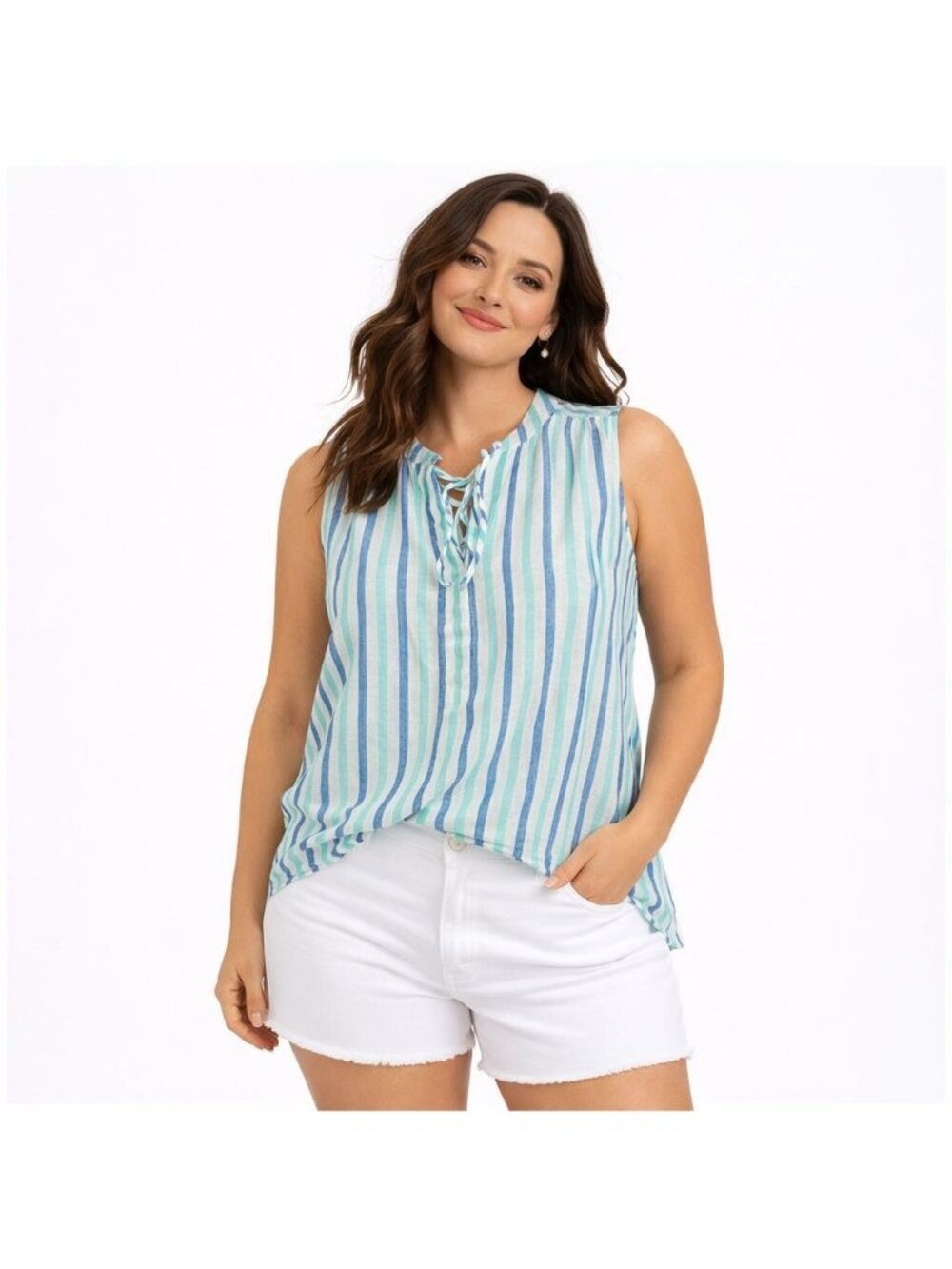 Linen Vineyard Vines Blue and Aqua Striped Lace-Up Sleeveless